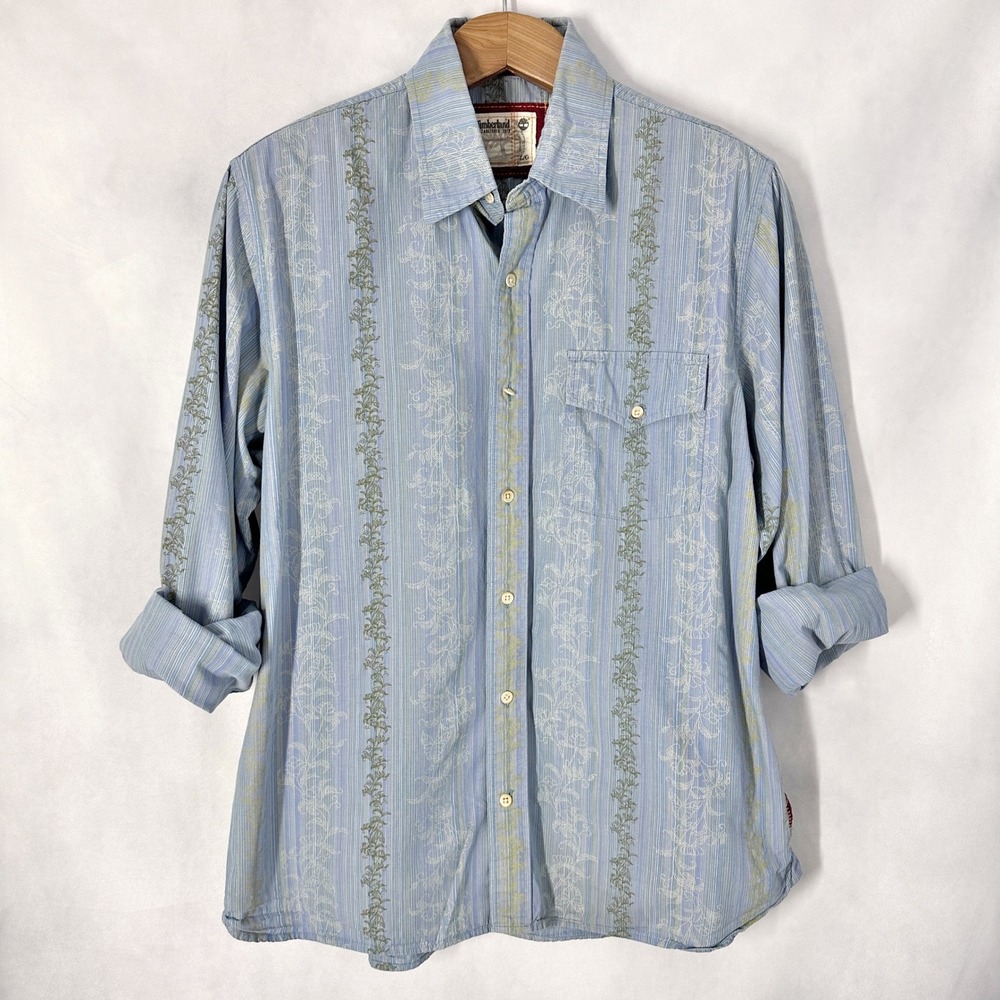 Vintage Timberland Cotton Long Sleeve Striped Blue Button Down Mens Size Large